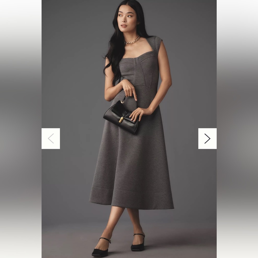Anthropologie Gray A-Line Midi Dress with Sweetheart Neckline